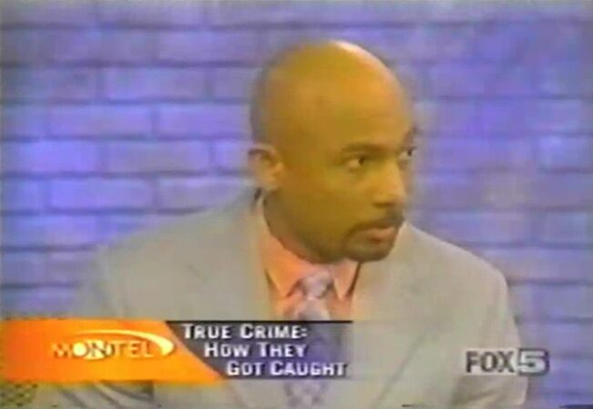 An old image of a person on the news of fox 5with a purple background